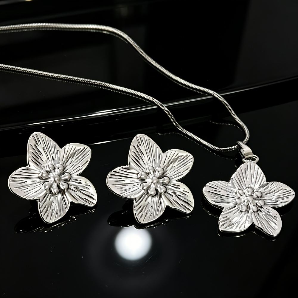 2pcs 316L Stainless Steel Flower Jewelry Set, Vintage Style